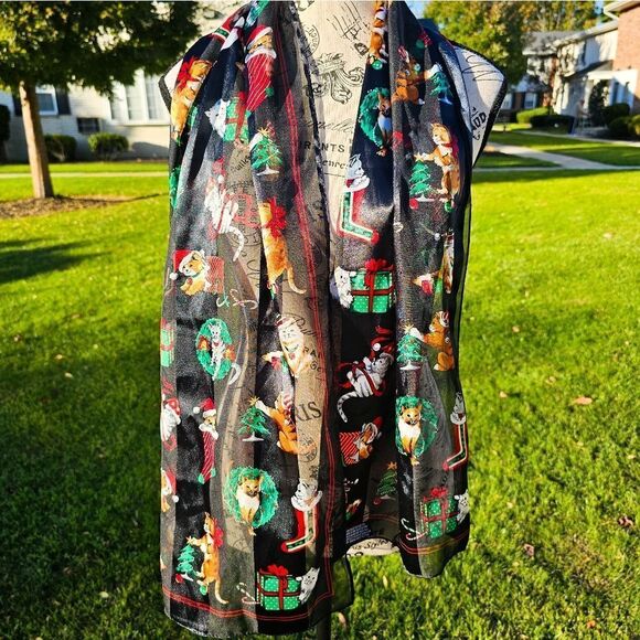 VTG Set Of 2 Festive Cats Ornament Print Oblong Holiday Theme Scarves. - Picture 2 of 15